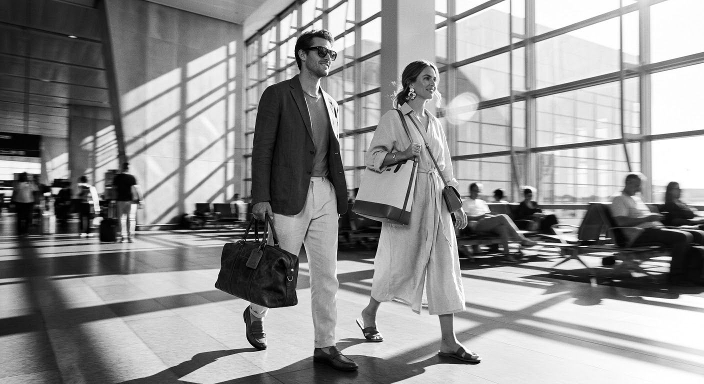 Two travellers walking through a sunlit airport terminal with their bags