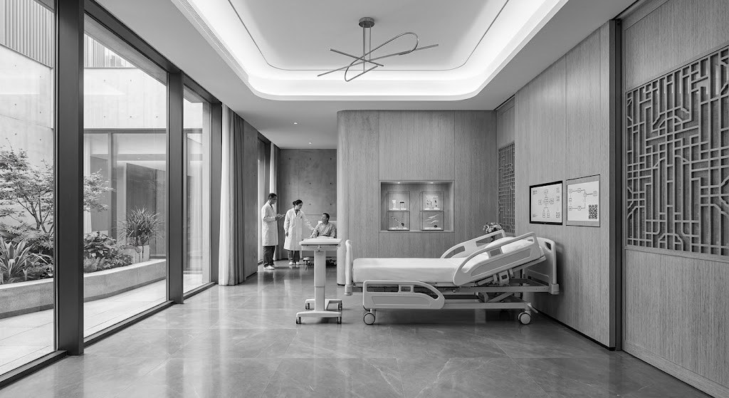 A private inpatient room in a modern Chinese hospital, daylight from a courtyard garden