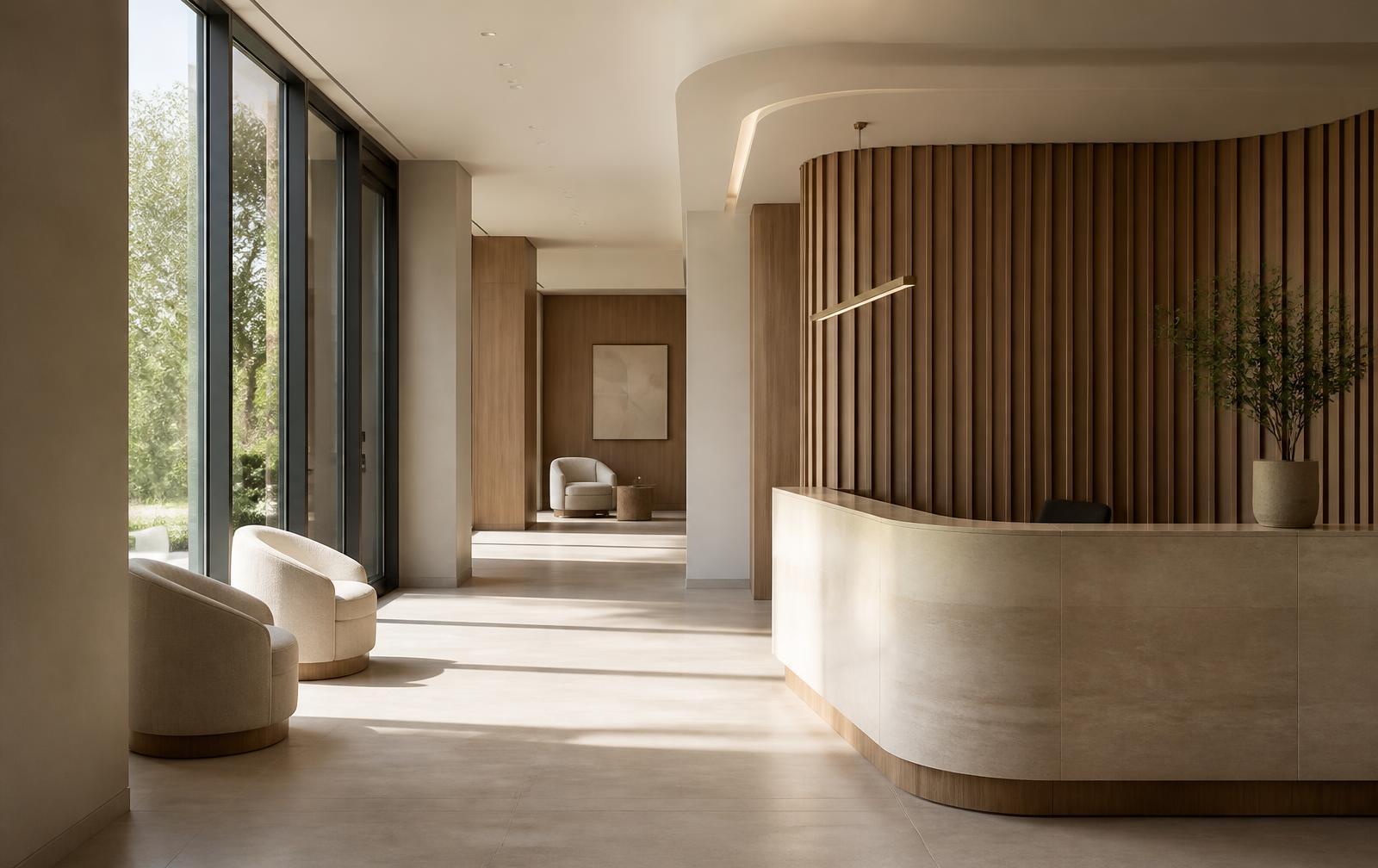 A calm, daylight clinic reception with a concierge desk