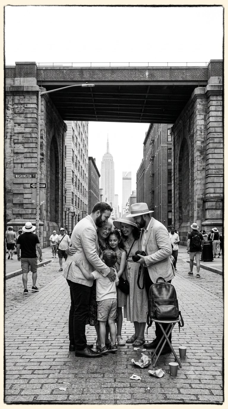 A family embracing on a street, city skyline behind them