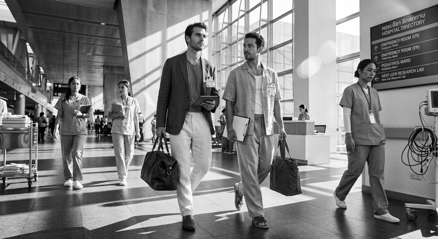 Travellers arriving through a bright hospital concourse