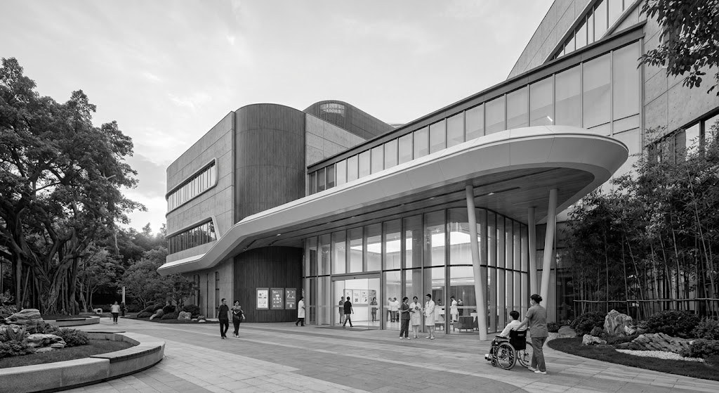 The entrance of a modern Chinese hospital, with mature trees and bamboo planting