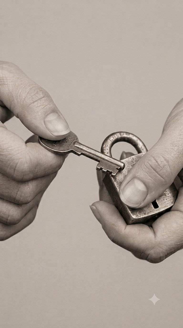 Two hands passing a key into a padlock