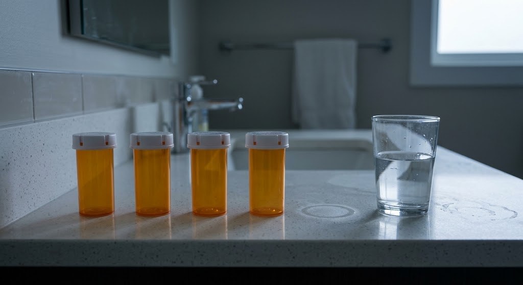 Four prescription bottles in a row on a bathroom counter, with a ring mark where a fifth one stood