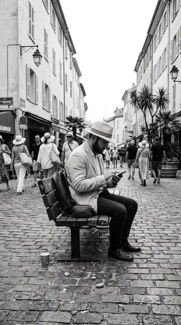 A traveller pausing on a bench in a foreign town